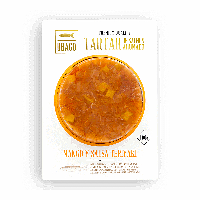 Salmó fumat tartar amb mango y salsa Teriyaki
